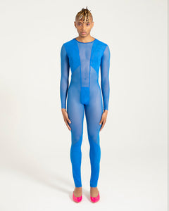 blue mesh catsuit bodysuit handmade unisex genderless festival