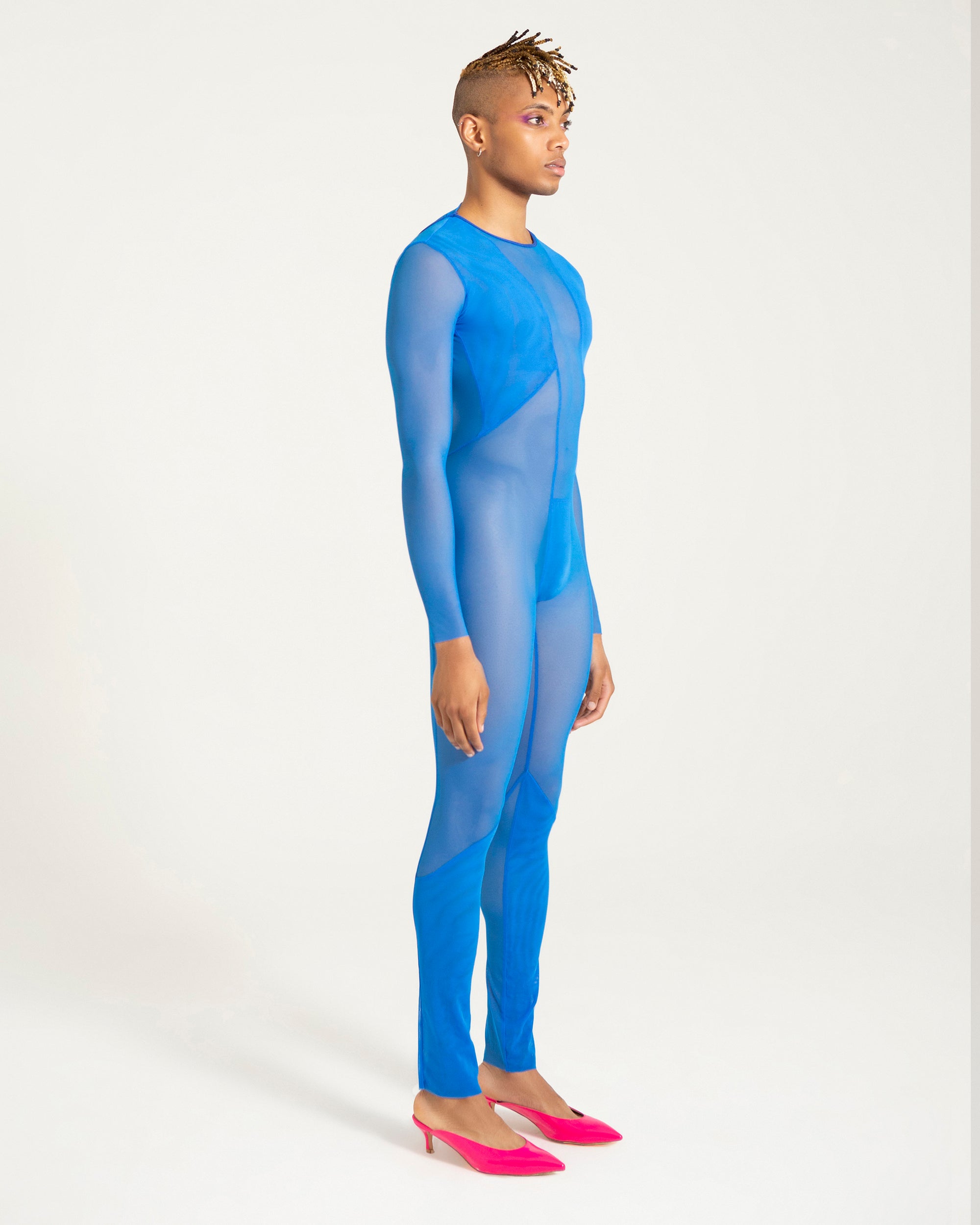 blue mesh catsuit bodysuit handmade unisex genderless festival