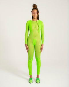 neon green mesh catsuit bodysuit handmade unisex genderless festival