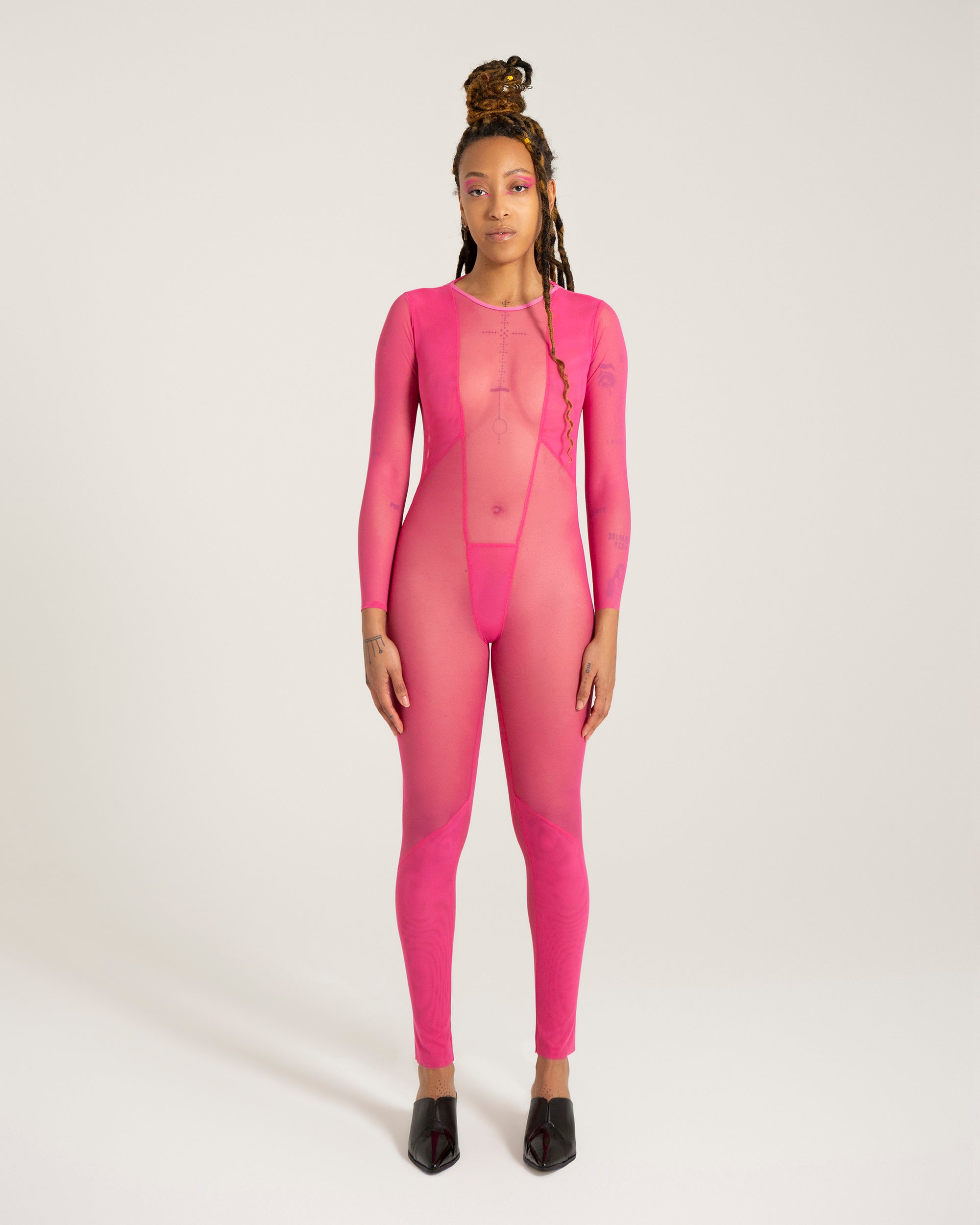 pink mesh catsuit bodysuit handmade unisex genderless festival