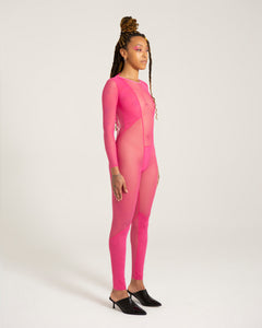 pink mesh catsuit bodysuit handmade unisex genderless festival