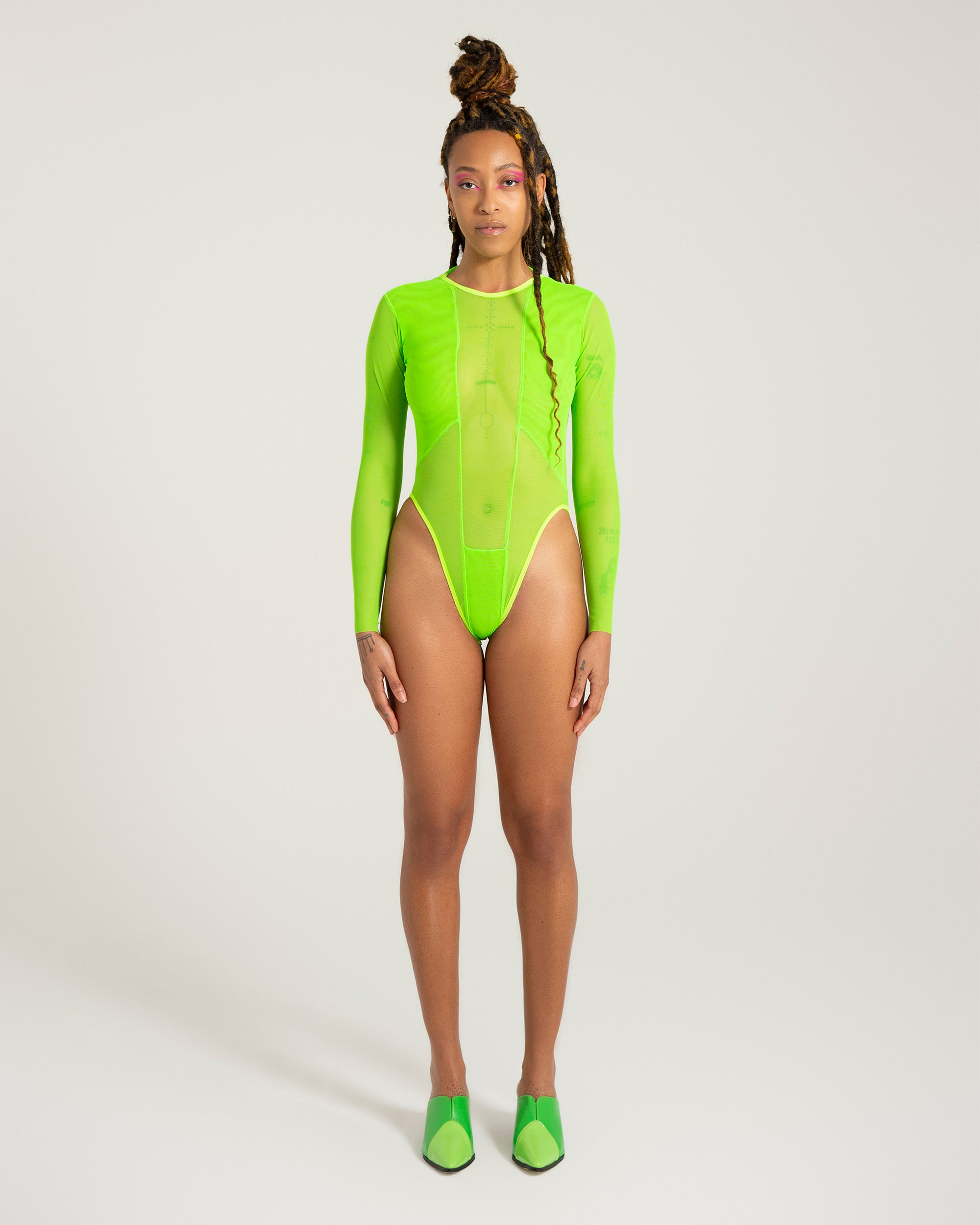 neon green mesh bodysuit handmade sustainable nyc