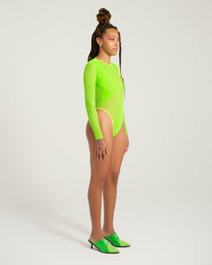 neon green mesh bodysuit handmade sustainable nyc