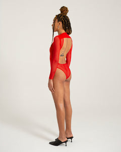 red mesh open-back bodysuit