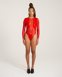 red mesh bodysuit handmade sustainable nyc festival