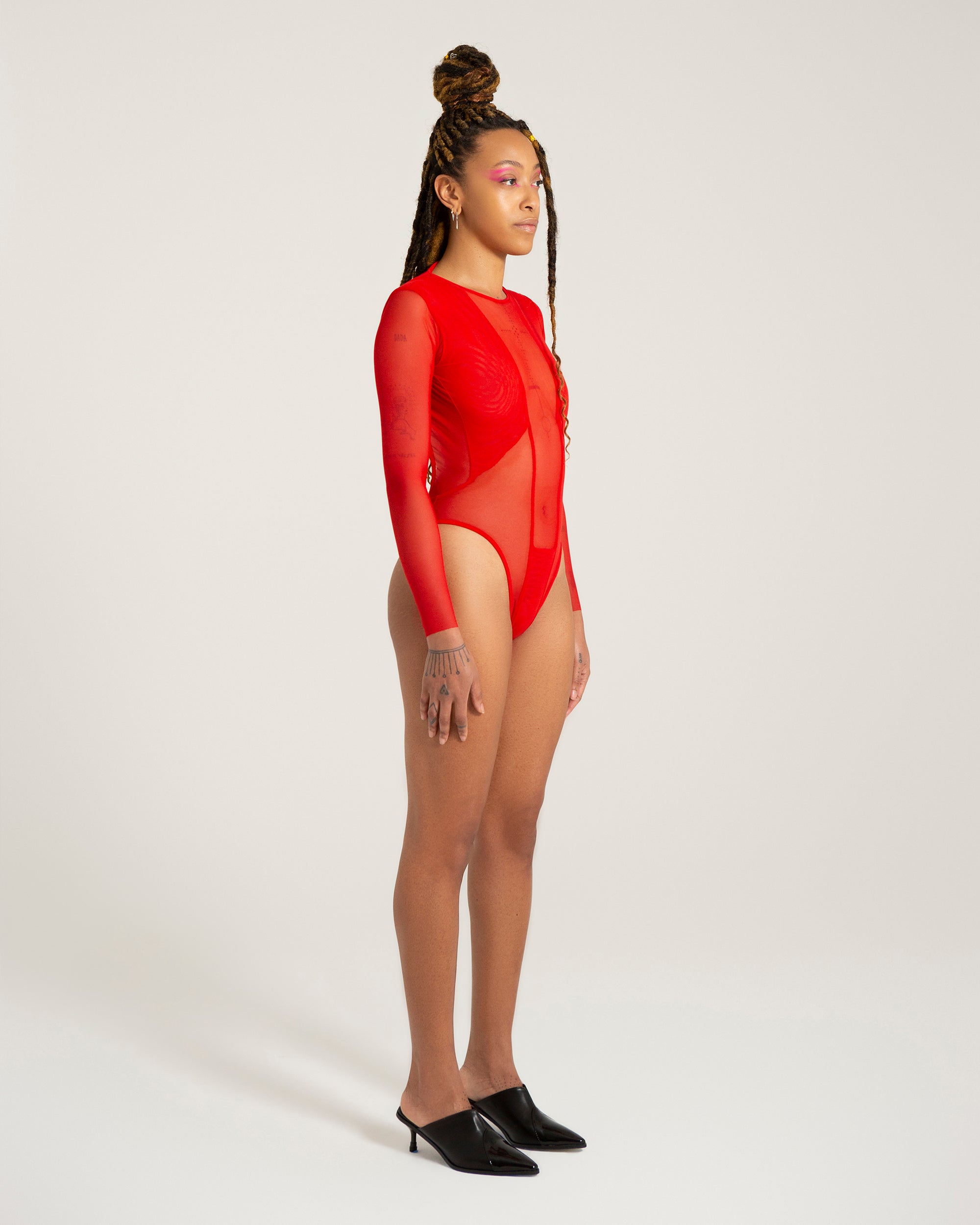 red mesh bodysuit handmade sustainable nyc